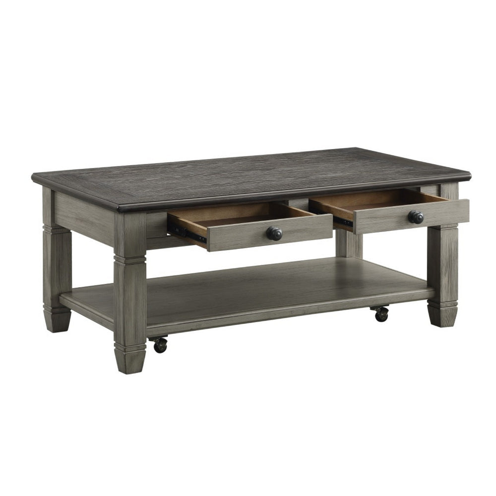 Rome 48 Inch Cocktail Table 2 Drawers Casters Brown and Gray Solid Wood By Casagear Home BM314417