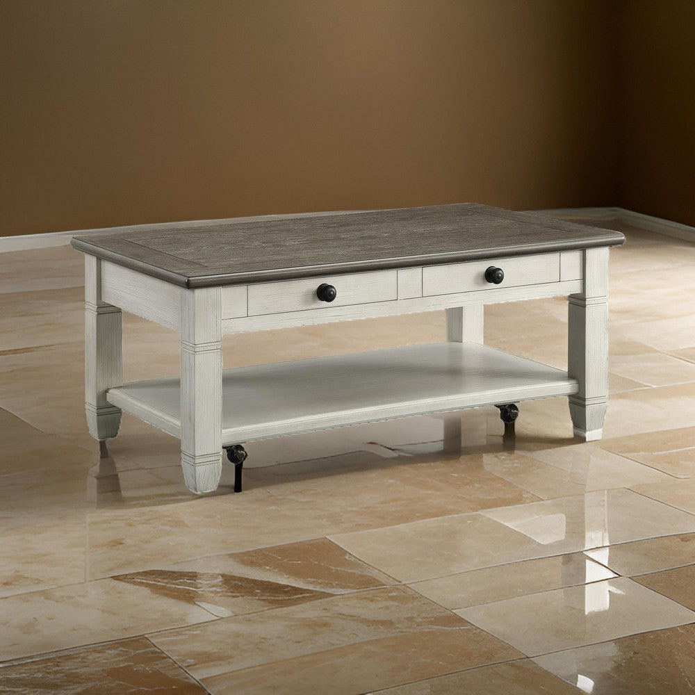 Rome 48 Inch Cocktail Coffee Table, 2 Drawers, White and Brown, Solid Wood By Casagear Home