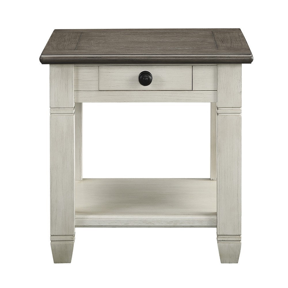 Rome 26 Inch Side End Table Square 1 Drawer Brown White Solid Wood By Casagear Home BM314419