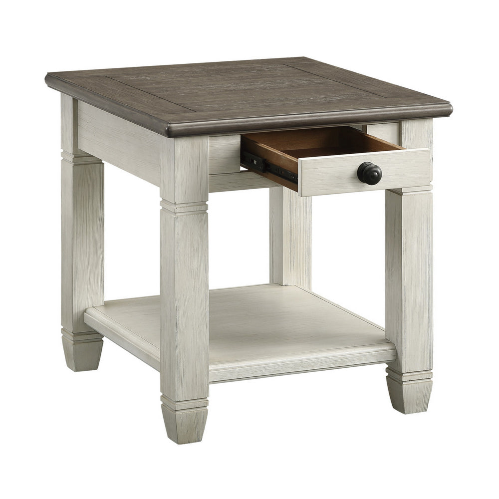 Rome 26 Inch Side End Table, Square, 1 Drawer, Brown, White, Solid Wood By Casagear Home