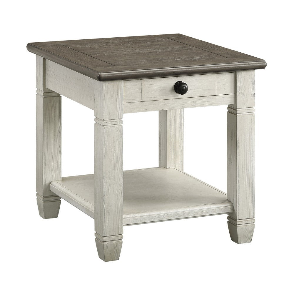 Rome 26 Inch Side End Table Square 1 Drawer Brown White Solid Wood By Casagear Home BM314419