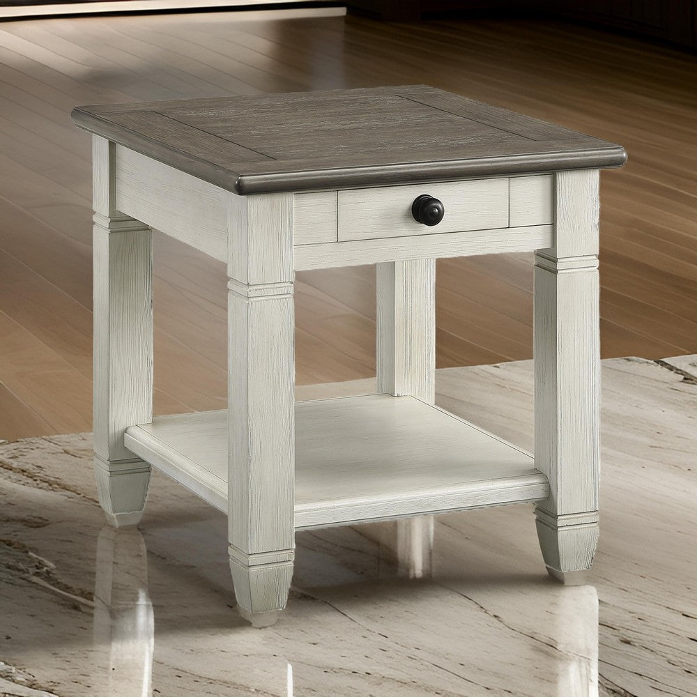 Rome 26 Inch Side End Table, Square, 1 Drawer, Brown, White, Solid Wood By Casagear Home