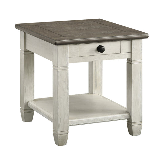 Rome 26 Inch Side End Table, Square, 1 Drawer, Brown, White, Solid Wood By Casagear Home