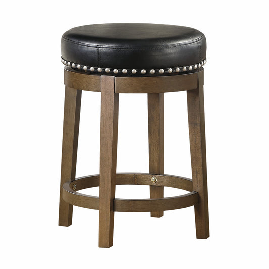 Bara 25 Inch Swivel Counter Stool, Black Round Faux Leather, Brown, Set of 2 By Casagear Home