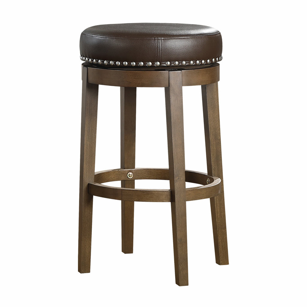 Bara 31 Inch Swivel Barstool Brown Round Faux Leather Seat Set of 2 By Casagear Home BM314426