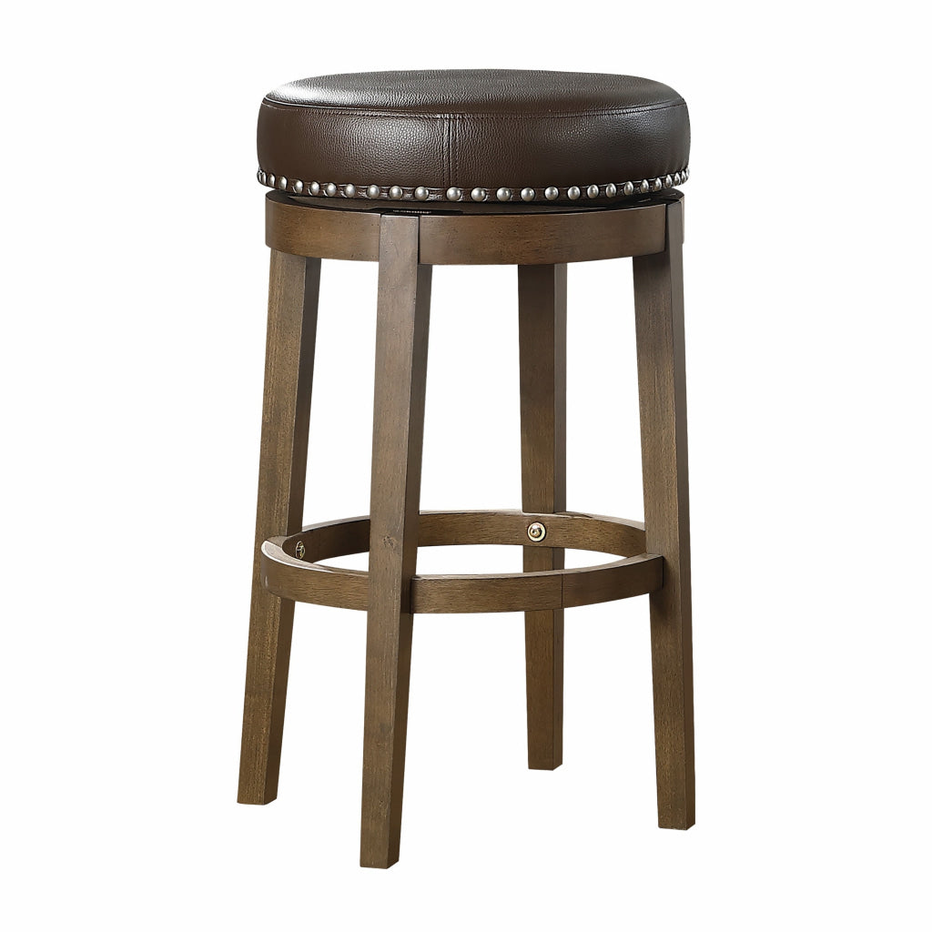 Bara 31 Inch Swivel Barstool, Brown Round Faux Leather Seat, Set of 2 By Casagear Home