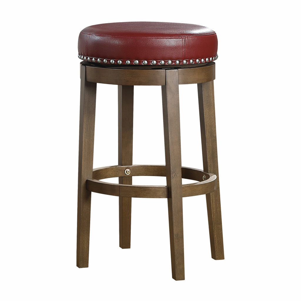 Bara 31 Inch Swivel Barstool Red Round Faux Leather Brown Wood Set of 2 By Casagear Home BM314427