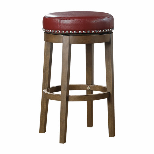 Bara 31 Inch Swivel Barstool, Red Round Faux Leather, Brown Wood, Set of 2 By Casagear Home