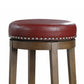Bara 31 Inch Swivel Barstool, Red Round Faux Leather, Brown Wood, Set of 2 By Casagear Home