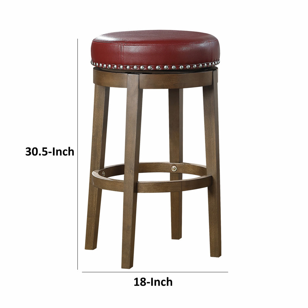 Bara 31 Inch Swivel Barstool Red Round Faux Leather Brown Wood Set of 2 By Casagear Home BM314427