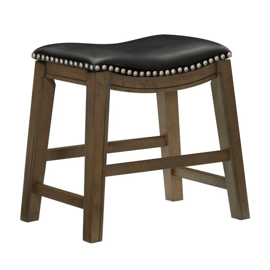 Miel 20 Inch Dining Stool, Black Faux Leather and Brown Solid Wood By Casagear Home