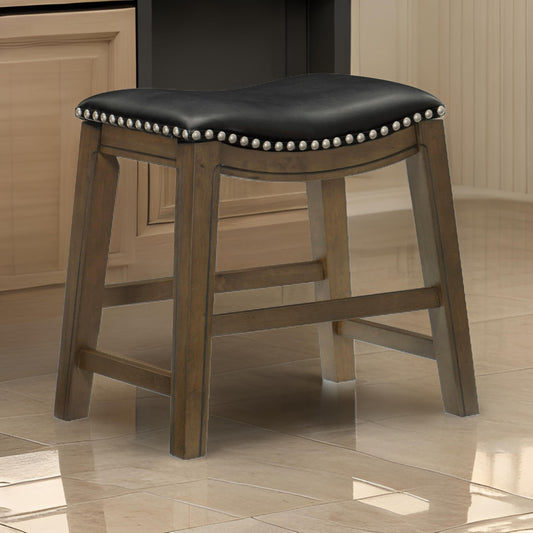 Miel 20 Inch Dining Stool Black Faux Leather and Brown Solid Wood By Casagear Home BM314428