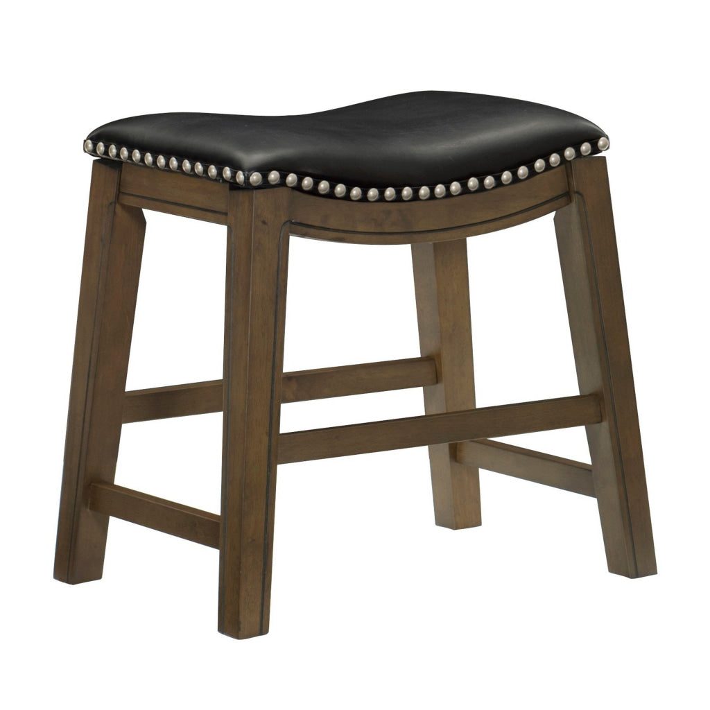 Miel 20 Inch Dining Stool Black Faux Leather and Brown Solid Wood By Casagear Home BM314428