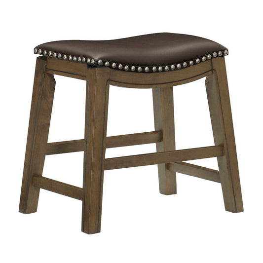 Miel 20 Inch Dining Stool, Brown Faux Leather, Brown Solid Wood, Nailheads By Casagear Home