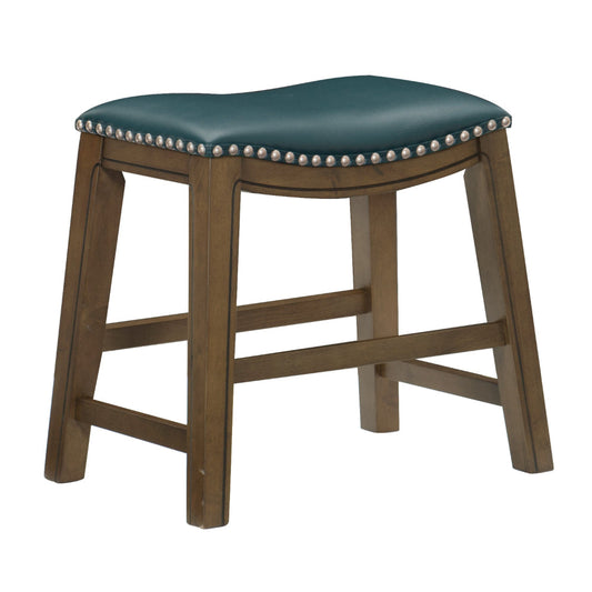 Miel 20 Inch Dining Stool, Green Faux Leather, Brown Solid Wood, Nailheads By Casagear Home