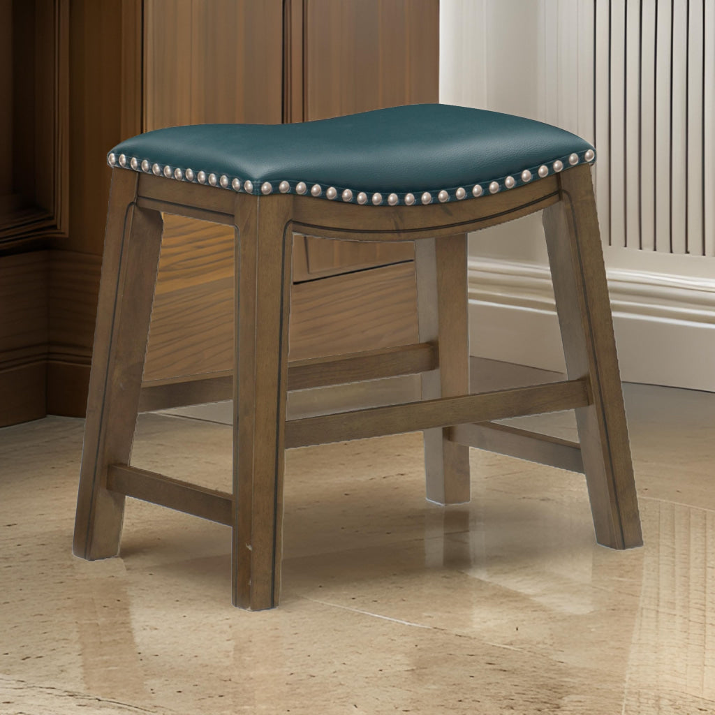 Miel 20 Inch Dining Stool Green Faux Leather Brown Solid Wood Nailheads By Casagear Home BM314430