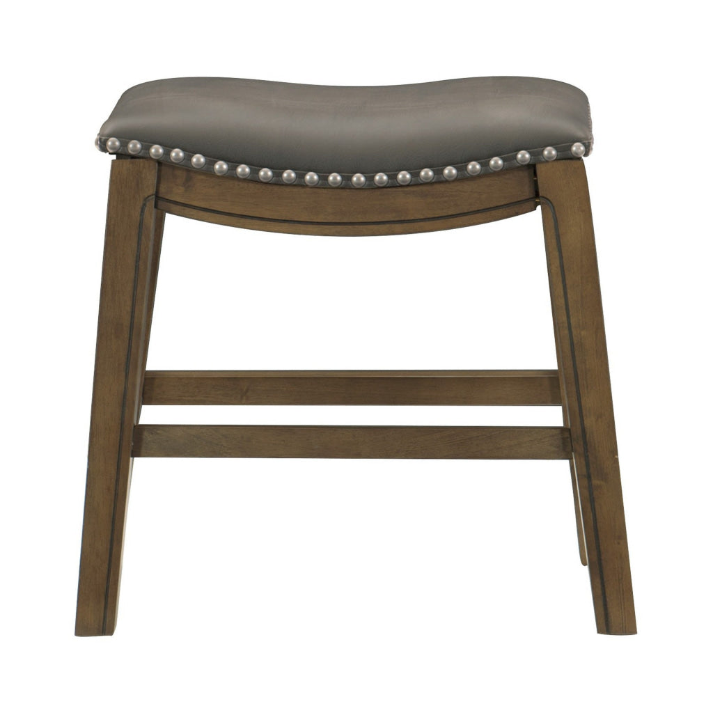 Miel 20 Inch Dining Stool Gray Faux Leather Brown Solid Wood Nailheads By Casagear Home BM314431