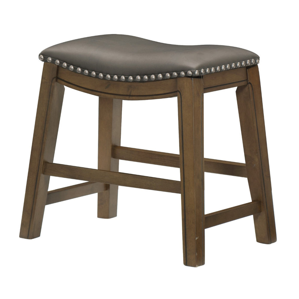Miel 20 Inch Dining Stool, Gray Faux Leather, Brown Solid Wood, Nailheads By Casagear Home