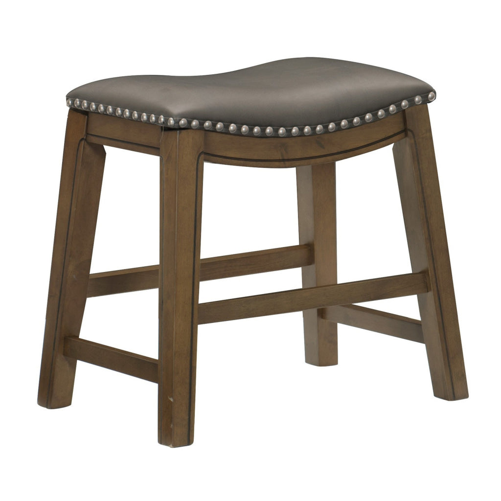 Miel 20 Inch Dining Stool Gray Faux Leather Brown Solid Wood Nailheads By Casagear Home BM314431