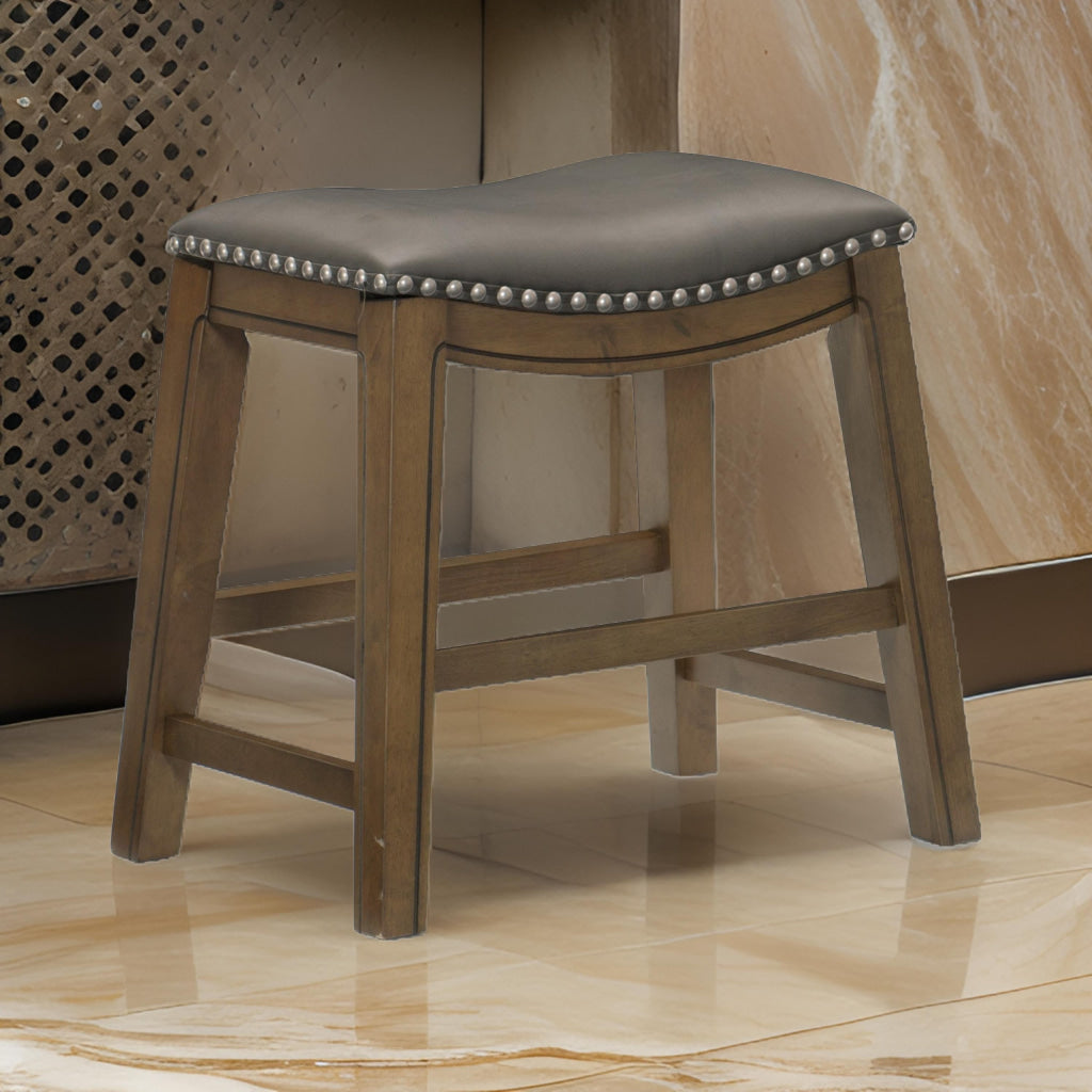 Miel 20 Inch Dining Stool Gray Faux Leather Brown Solid Wood Nailheads By Casagear Home BM314431