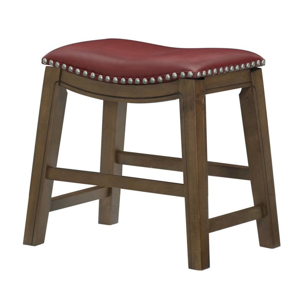 Miel 20 Inch Dining Stool Red Faux Leather Brown Solid Wood Nailheads By Casagear Home BM314432