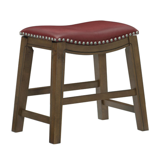 Miel 20 Inch Dining Stool, Red Faux Leather, Brown Solid Wood, Nailheads By Casagear Home