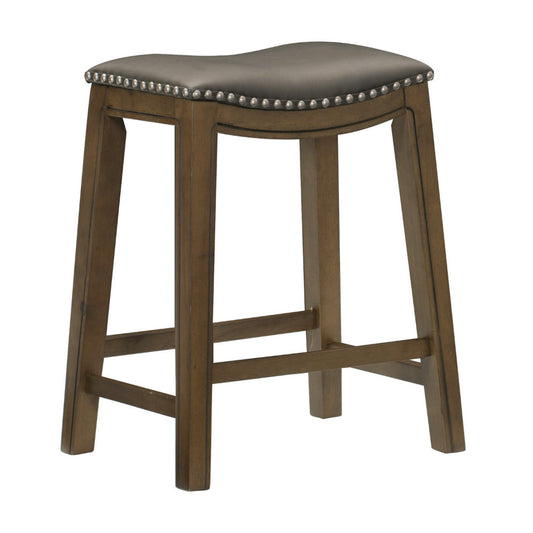 Miel 26 Inch Counter Height Stool, Gray Faux Leather Seat, Brown Solid Wood By Casagear Home