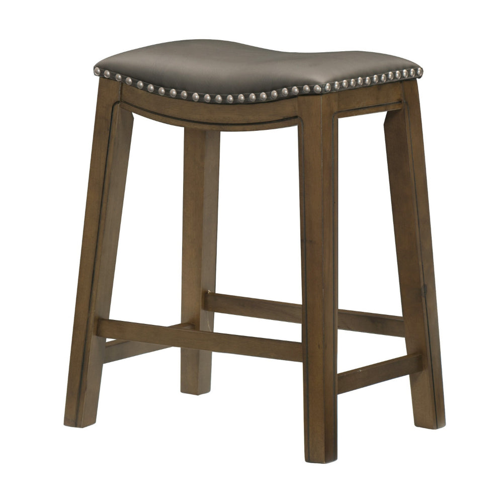 Miel 26 Inch Counter Height Stool, Gray Faux Leather Seat, Brown Solid Wood By Casagear Home