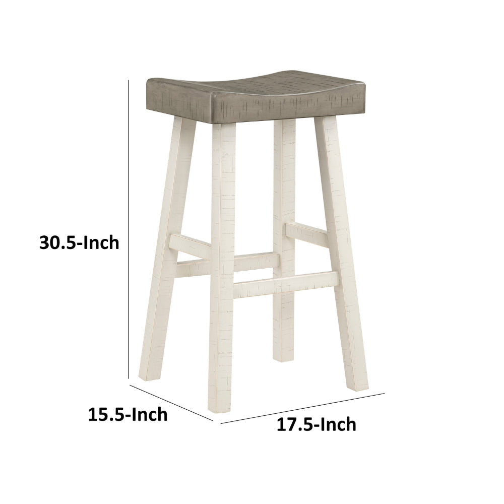 Casy 30 Inch Bar Height Stool Gray Saddle Seat White Rubberwood Set of 2 By Casagear Home BM314443