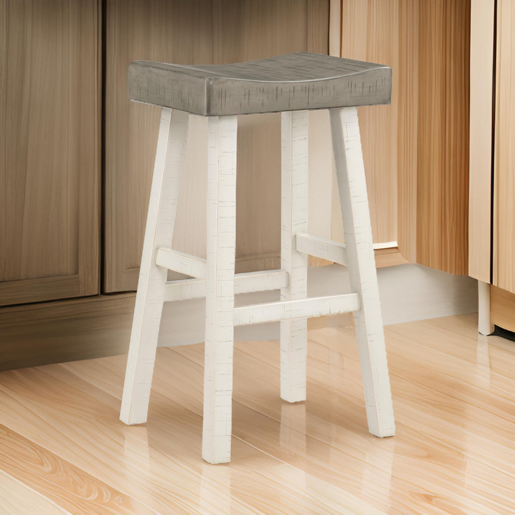 Casy 30 Inch Bar Height Stool, Gray Saddle Seat, White Rubberwood, Set of 2 By Casagear Home