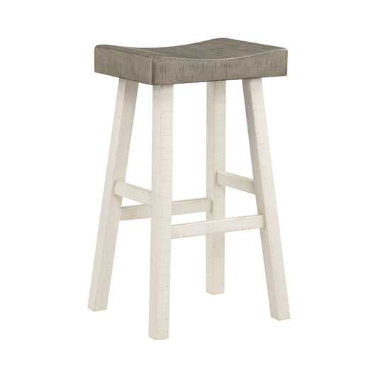 Casy 30 Inch Bar Height Stool, Gray Saddle Seat, White Rubberwood, Set of 2 By Casagear Home