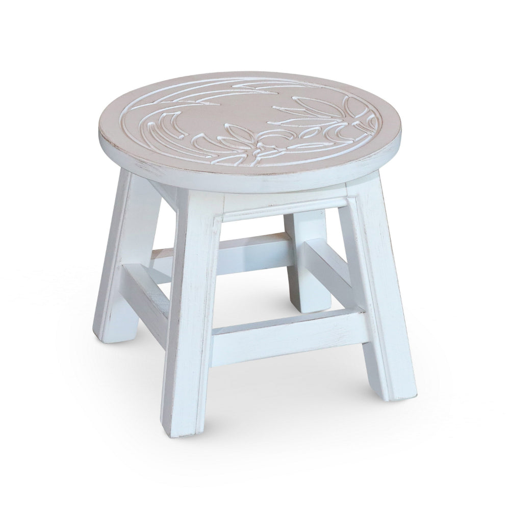 Sidi 11 Inch Step Stool Footrest, Wood Floral Print, Round, Antique White By Casagear Home