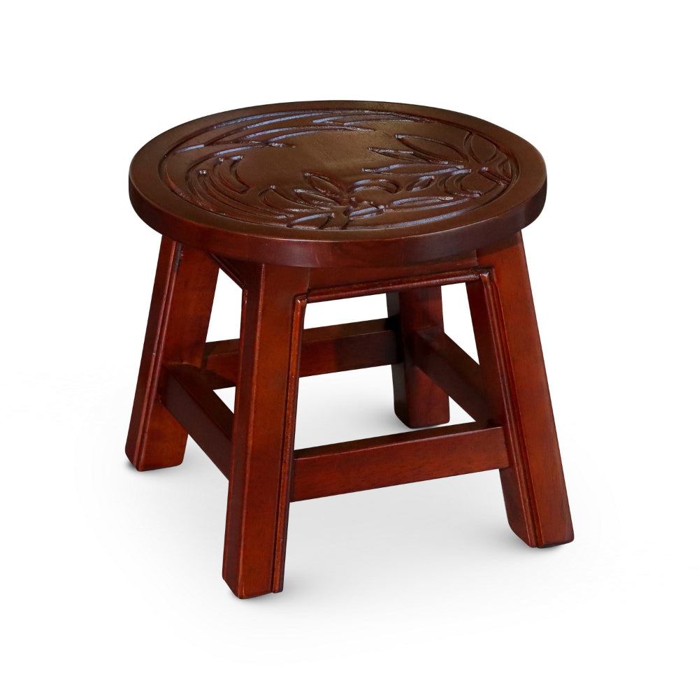 Sidi 11 Inch Step Stool Footrest, Wood Floral Print, Round, Cherry Finish By Casagear Home