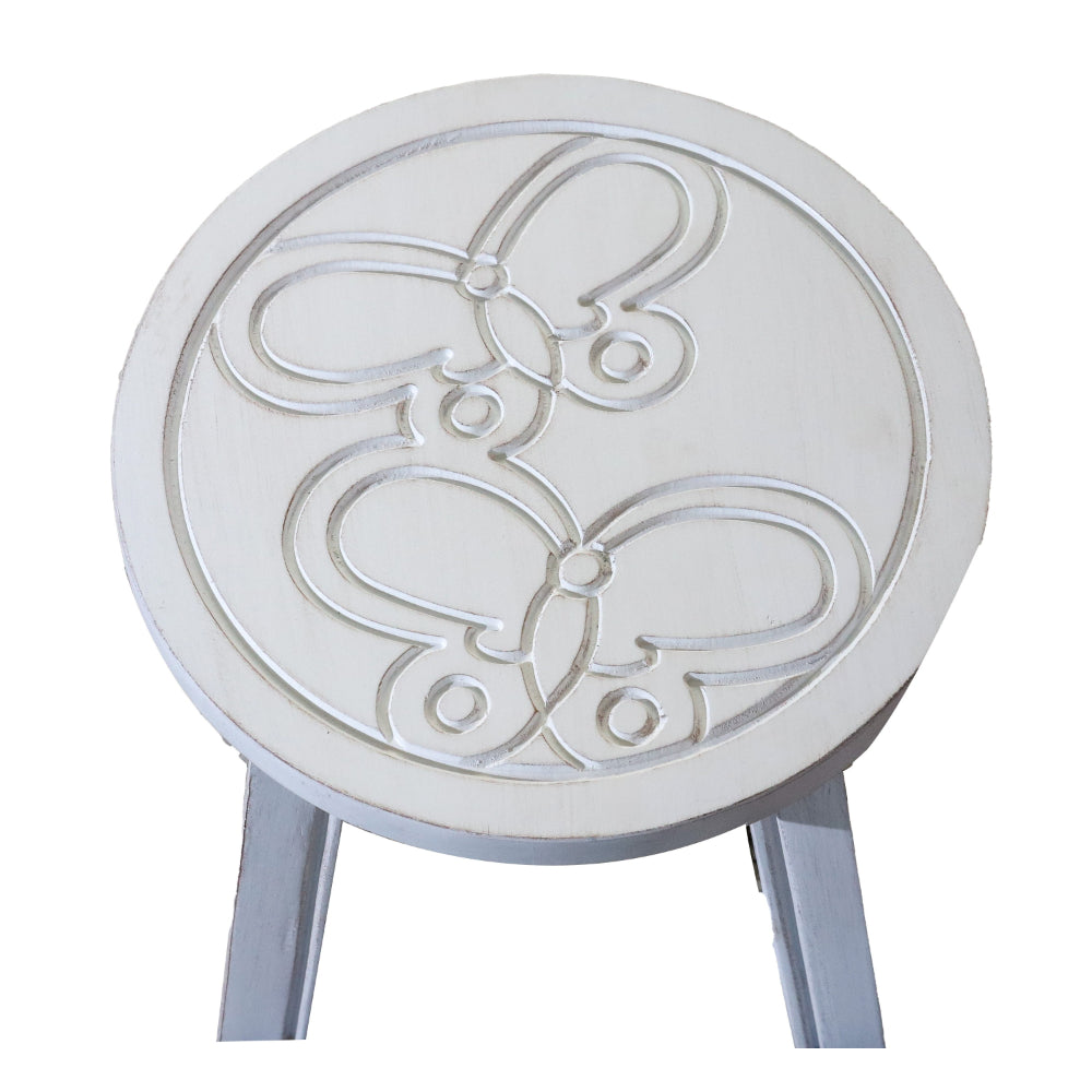 Sidi 11 Inch Step Stool Footrest, Wood Butterfly Print, Round, White By Casagear Home