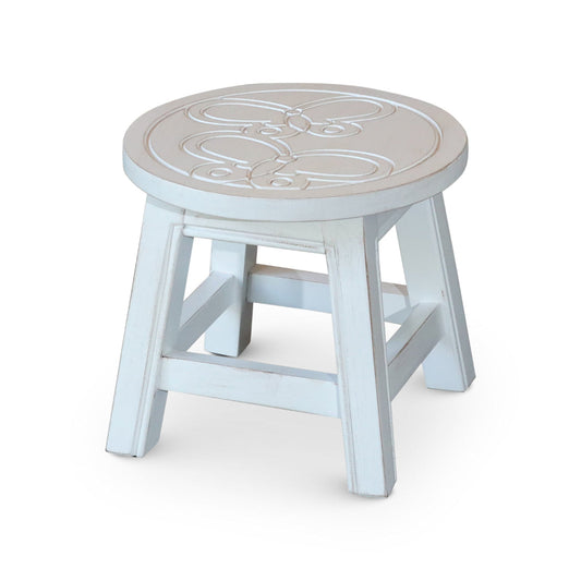 Sidi 11 Inch Step Stool Footrest, Wood Butterfly Print, Round, White By Casagear Home