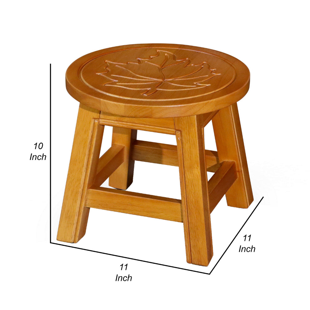 Sidi 11 Inch Step Stool Footrest, Wood Maple Leaf Print, Round, Brown By Casagear Home