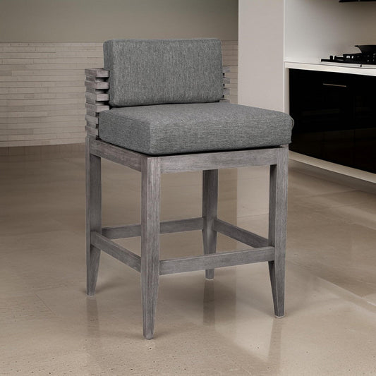 Hida 28 Inch Outdoor Patio Counter Stool Chair, Gray, Olefin Cushions By Casagear Home