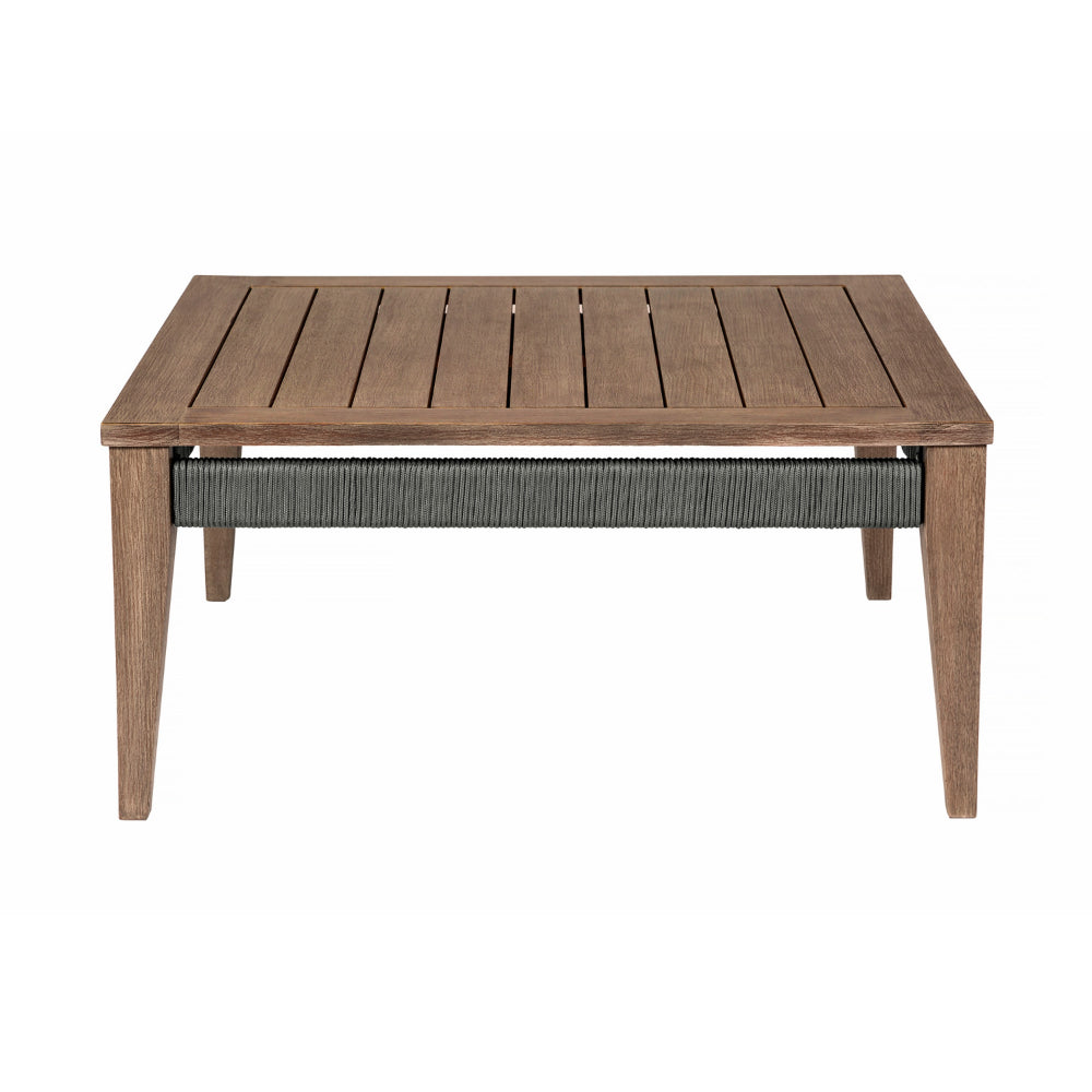Kimi 36 Inch Outdoor Coffee Table, Brown Eucalyptus Wood, Woven Rope Apron By Casagear Home