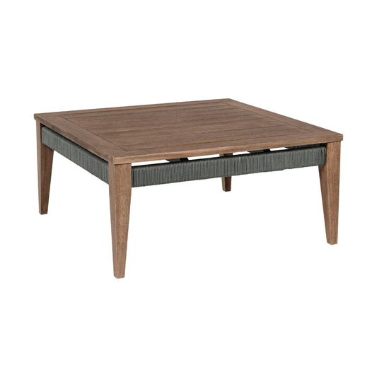 Kimi 36 Inch Outdoor Coffee Table, Brown Eucalyptus Wood, Woven Rope Apron By Casagear Home