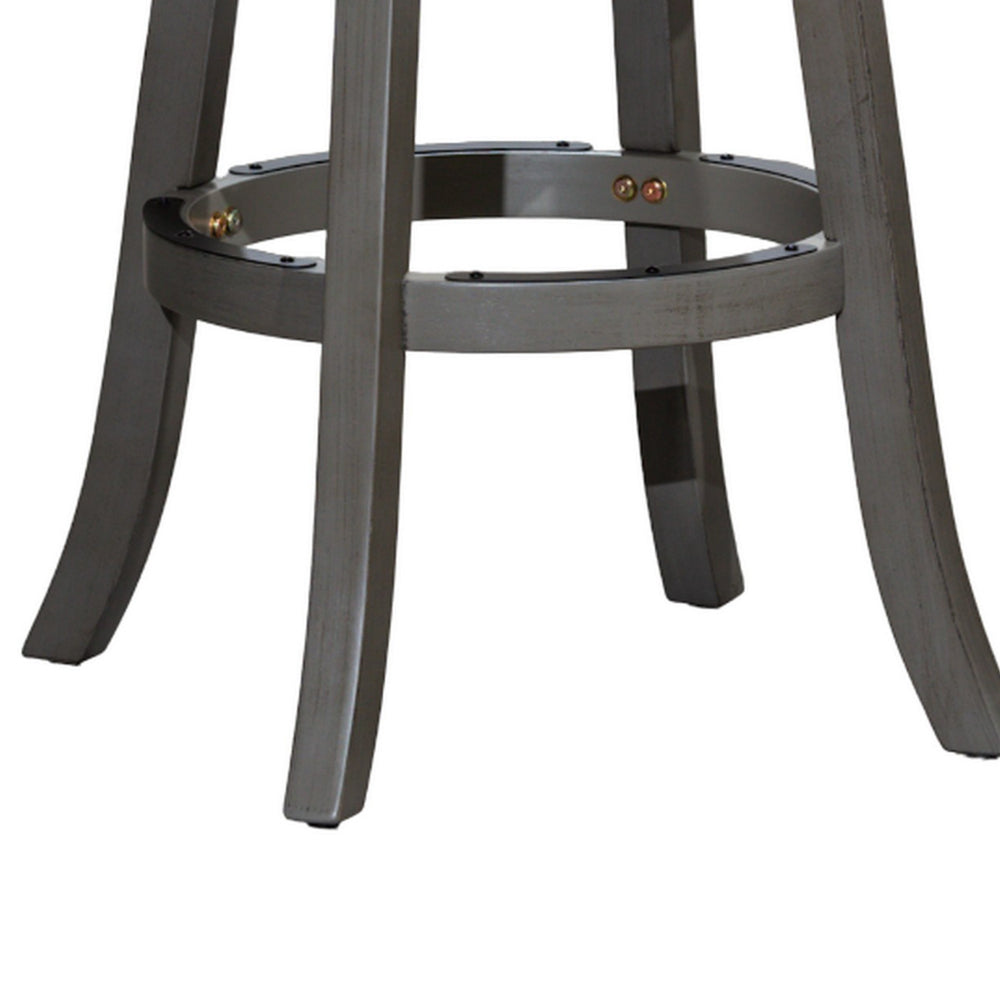Opi 30 Inch Swivel Barstool, Round, Weathered Gray Faux Leather and Wood By Casagear Home