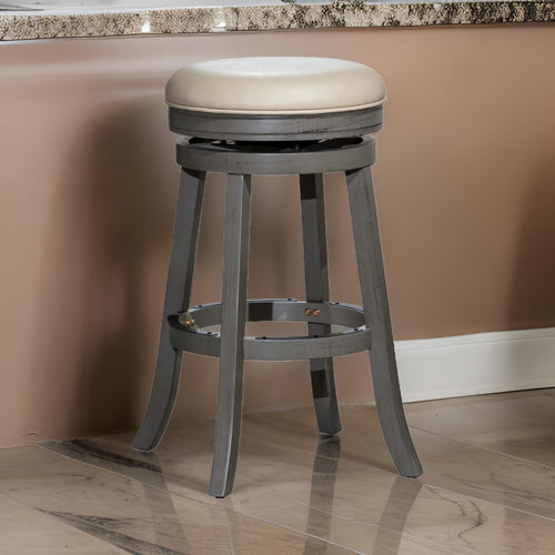 Opi 30 Inch Swivel Barstool, Round, Weathered Gray Faux Leather and Wood By Casagear Home