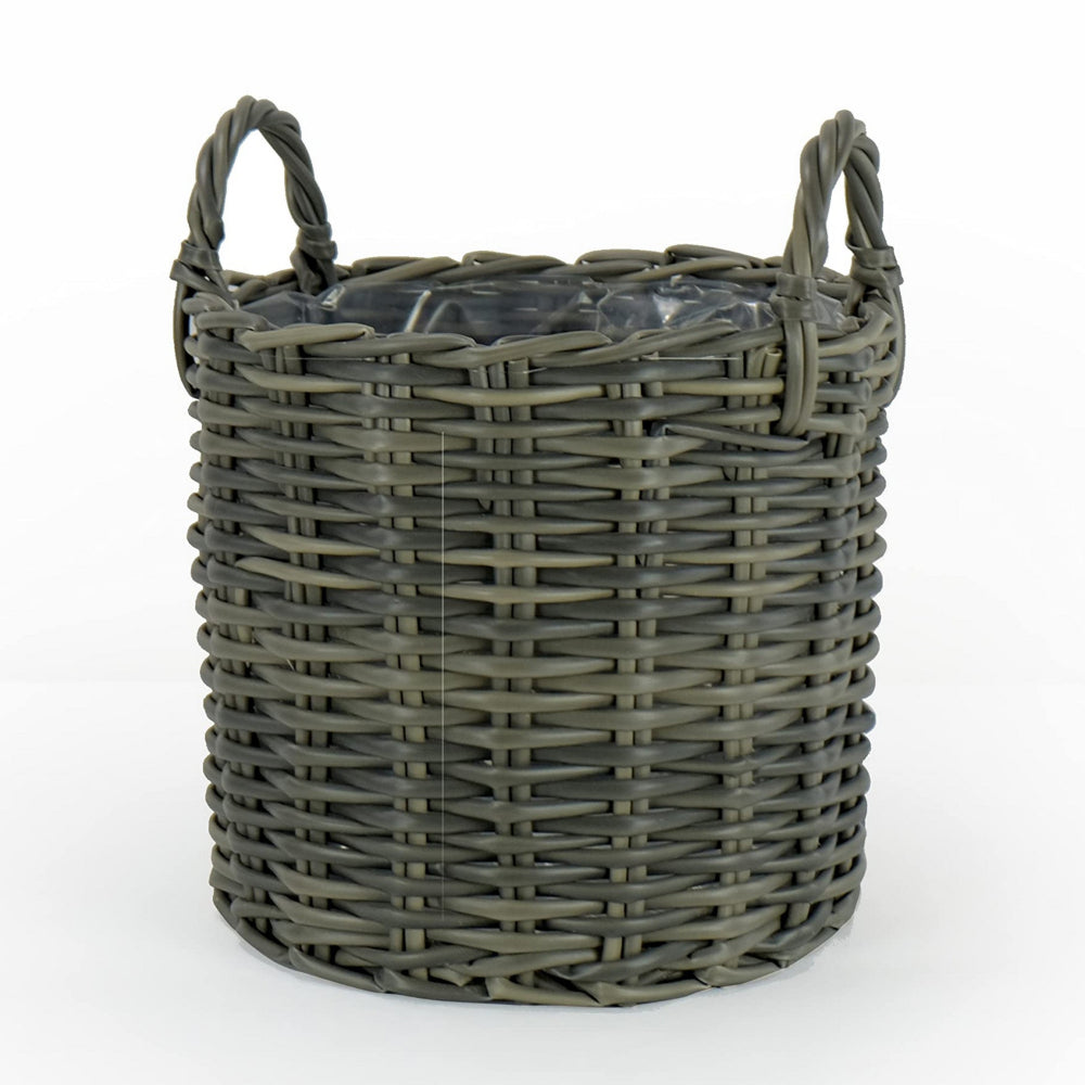 Set of 3 Basket Style Planters, Round Handles, Hand Woven Wicker, Gray By Casagear Home