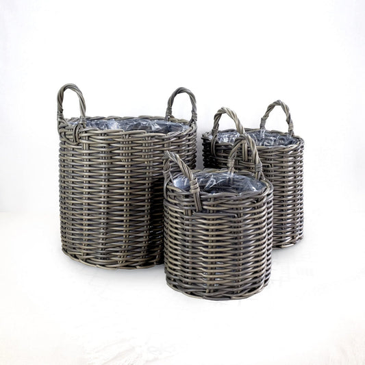 Set of 3 Basket Style Planters, Round Handles, Hand Woven Wicker, Gray By Casagear Home