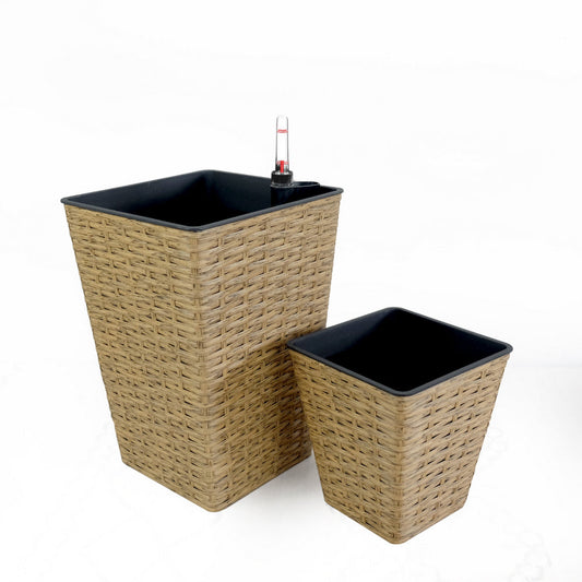 Aly 14 Inch Self Watering Planter Set of 2, Hand Woven Natural Brown Wicker By Casagear Home
