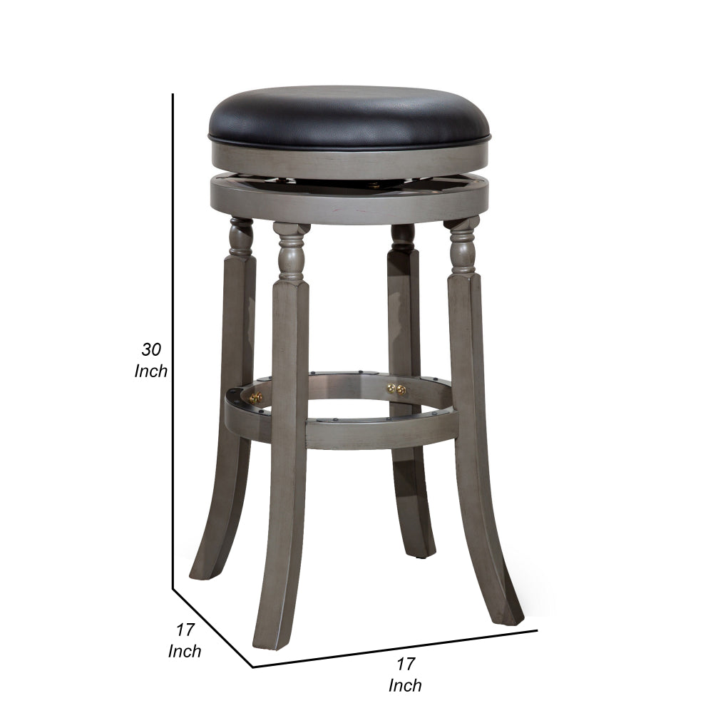 Opi 30 Inch Swivel Barstool, Black Bonded Leather Weathered Gray Solid Wood By Casagear Home