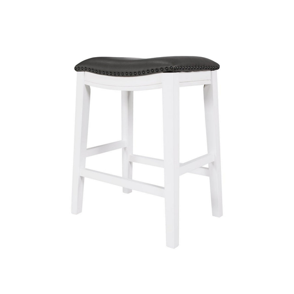Ani 25 Inch Counter Stool Set of 2, Gray Faux Leather, Saddle Seat, White By Casagear Home