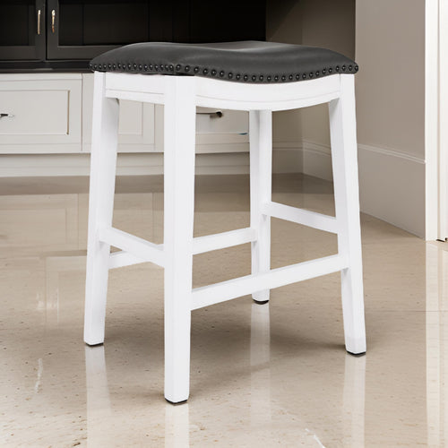 Ani 25 Inch Counter Stool Set of 2, Gray Faux Leather, Saddle Seat, White By Casagear Home