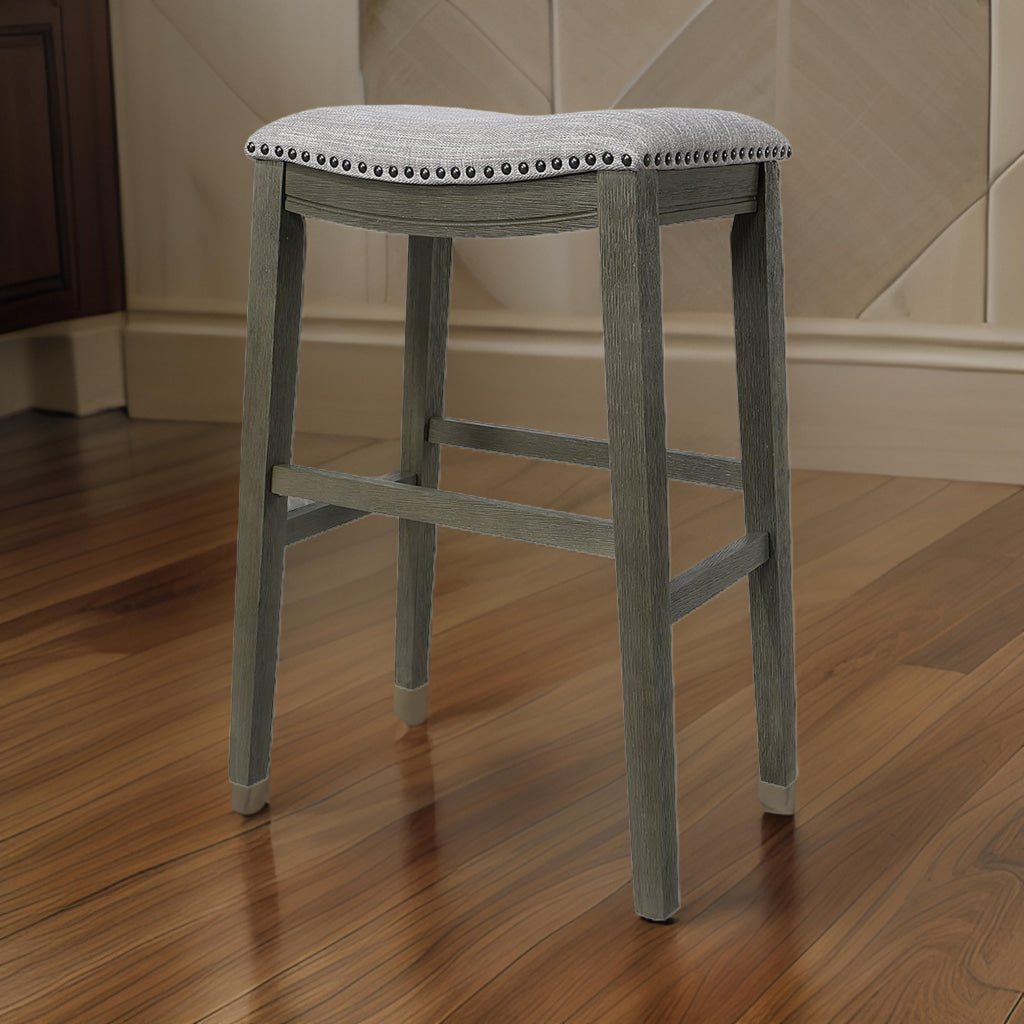 Ani 29 Inch Barstool Set of 2 Saddle Seat Nailhead Trim Light Gray Wood By Casagear Home BM314525