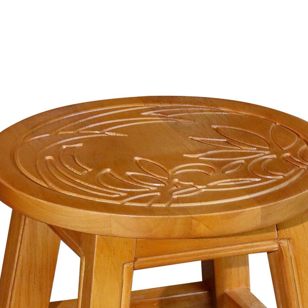 11 Inch Step Stool Footrest, Round Wood Carved Floral Print, Natural Brown By Casagear Home