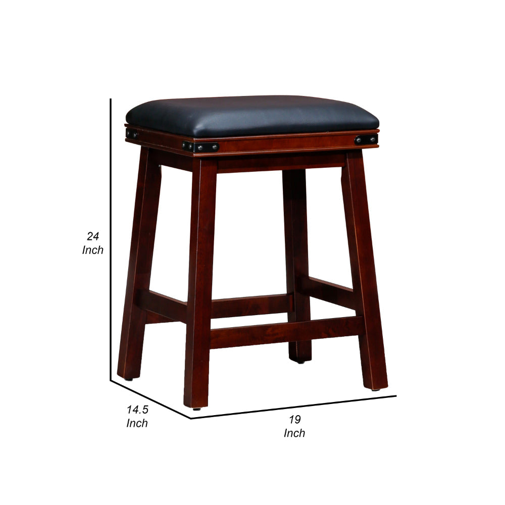 Nio 24 Inch Swivel Counter Stool, Black Bonded Leather, Espresso Brown Wood By Casagear Home